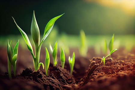 Close up of young green sprout growing from soil on blurred backgroundの素材