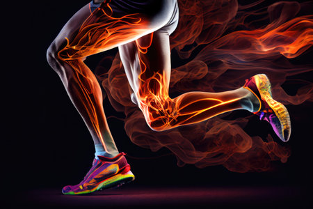 Close-up of running woman's legs against black background with vignetteの素材