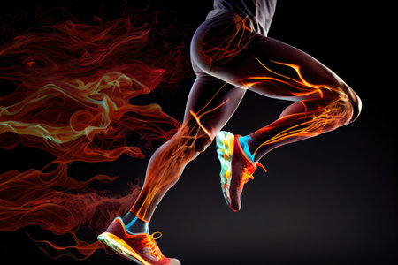 Digital composite of running woman with orange and red flames in front of black backgroundの素材