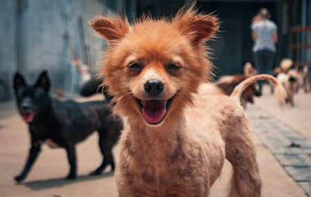Mixed breed dog in shelter waiting to be rescued and adopted to new home.の写真素材