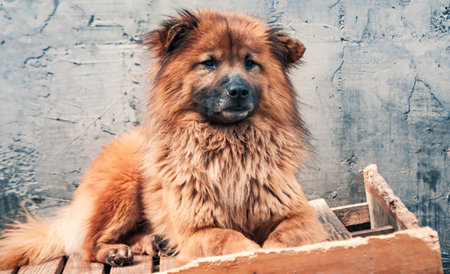 Sad dog in shelter waiting to be rescued and adopted to new home. Shelter for animals conceptの写真素材