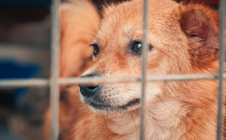 Portrait of sad dog in shelter behind fence waiting to be rescued and adopted to new home. Shelter for animals conceptの写真素材