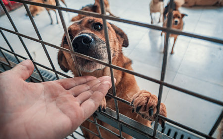 Close-up of male hand petting caged stray dog in pet shelter. People, Animals, Volunteering And Helping Concept.の写真素材