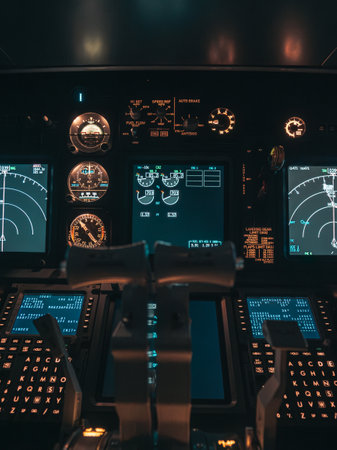 Cockpit view of an airplane during a night-time flight with illuminated instrument panelsの写真素材