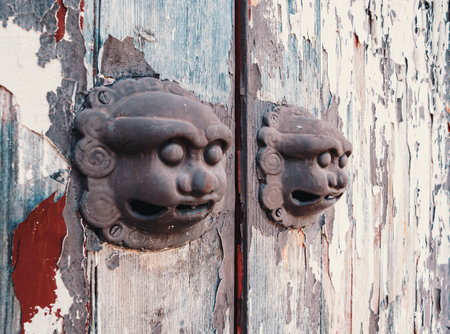 Intricate lion door knockers adorn old wooden doors that show signs of historic wear and tear.の写真素材