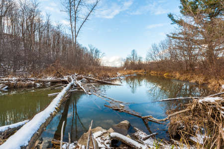 The river under the blue sky in winterの写真素材