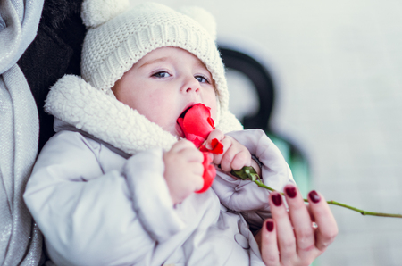 Mother and daughter sitting on a bench in the park and hugging. Toddler biting a flower.の写真素材