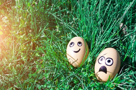 Easter eggs with drawn funny faces lying in green grass. Easter concept
