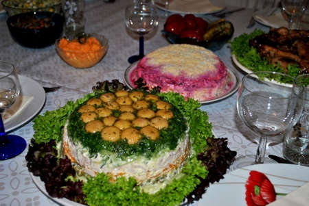 salads on the festive tableの写真素材