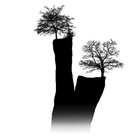 Vector silhouette of a tree on a cliff in the fogのイラスト素材