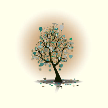 Happy holiday, tree gifts, magic tree, the tree surprises, with balloons (Vector illustration) .eps10のイラスト素材