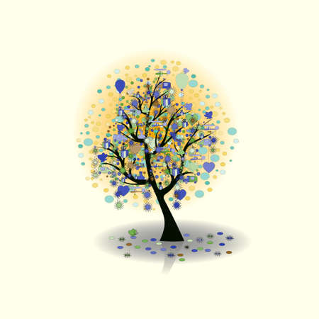 Happy holiday, tree gifts, magic tree, the tree surprises, with balloons.のイラスト素材