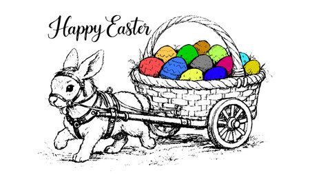 A "Happy Easter" drawing. A bunny like a horse pulls a basket on wheels with colored eggs on a white background. Vector illustration.のイラスト素材