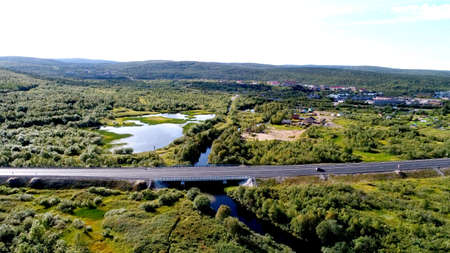 Aerial drone photo of rural bridge in the forestの写真素材
