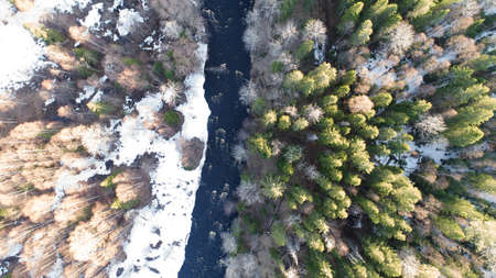 A spring river in the forest with snow along the banks.の写真素材