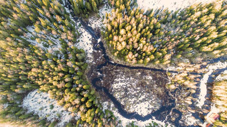 Drone view on wild nature rural forest with lake and snow melting in springの写真素材