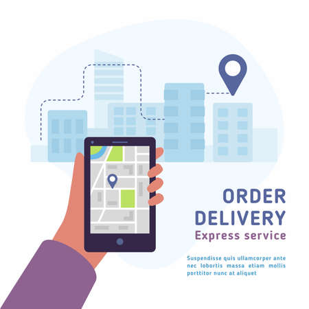 Shipping delivery parcel gps tracking order flat design concept vector illustration. Hand with mobile tracking delivery order on the map. Suits for landing page and mobilesのイラスト素材
