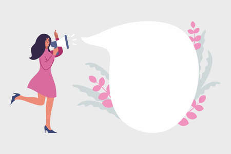 Vector illustration woman with megaphone promoting sale on clear background. International womens day, 8 march. Free place for text for Landing Pageのイラスト素材