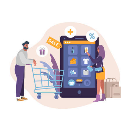 Mobile shopping concept. A man and a woman shopping at online store.のイラスト素材