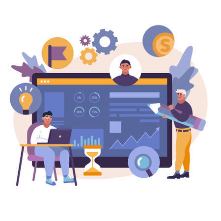 Vector illustration of business, office workers are working with infographicのイラスト素材