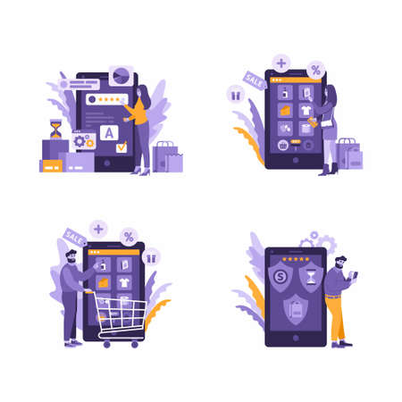 Mobile ecommerce app for online shopping, rating, buying, secured payments. Shopping mobile app experience of men and women.のイラスト素材