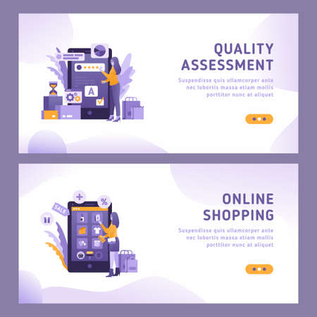 Landing page with smartphone online shopping app and rating. Womanのイラスト素材