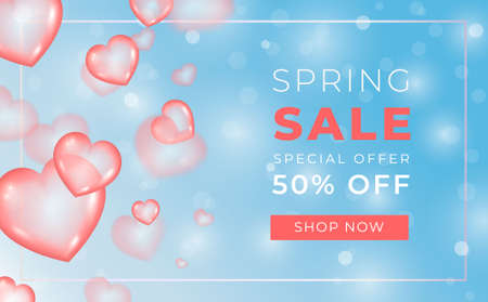 Spring sale banner with ballon hearts on romantic blue light background. Vector poster for spring sale with discount- 50 percent off. International womens day discount flyer templateのイラスト素材