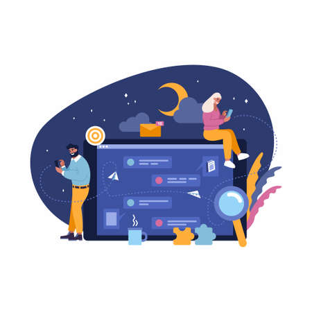 Vector illustration, concept of an e-mail message, virtual chat at night, relationship. Man and woman chatting, receiving messages, puzzle fits at laptop screen. Devices for remote communication.のイラスト素材