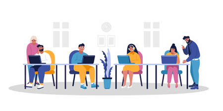 Office team work business flat web vector illustration. Staff working at table with laptop and headsets. Effecient modern business company with professionals. Office people collection - man, womanのイラスト素材
