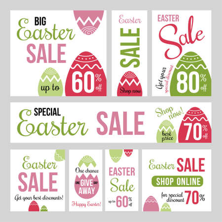 Easter design elements and Easter Sale Badges and Labels in flat colorful style. Vector Illustrations of eggs, discounts, sale labels, percents off, give away, shop now with spring colorsのイラスト素材