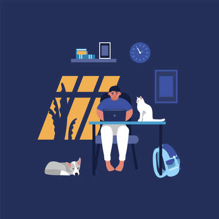 Computer internet work concept with man working at home. Young man sitting at the computer desk with laptop and working at night. Remote online job, courses, chatting, watching films.のイラスト素材