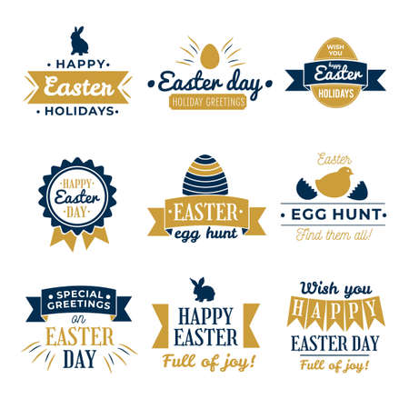 Happy EasterDesign Collection set. Isolated compositions on transparent background. Calligraphy, lettering, colored vintage style Easter Label Designs. Usable for posters, cards any print.のイラスト素材