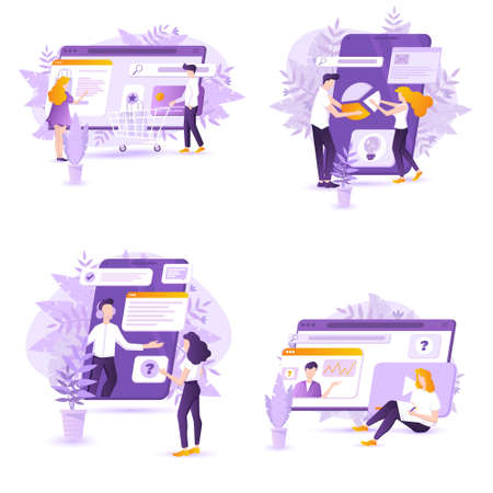 Modern flat vector set of 4 illustrations for online services use. People are using online services for learning, online shopping, chat support and data analysis at big PC screenのイラスト素材