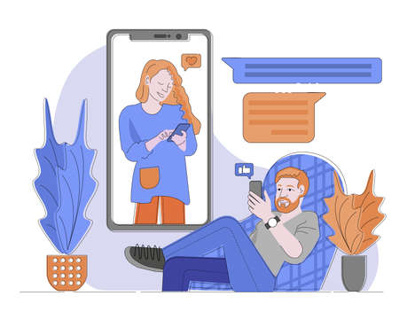 Chat application on smartphone vector illustration,man sitting in chair and woman at smartphone...