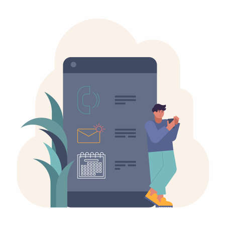 Flat vector illustration - useful gadgets and applications. Man is using mobile phone for calls, messages, schedule. Young man stands near big smart phone touchscreen. Online job concept work anywhereのイラスト素材