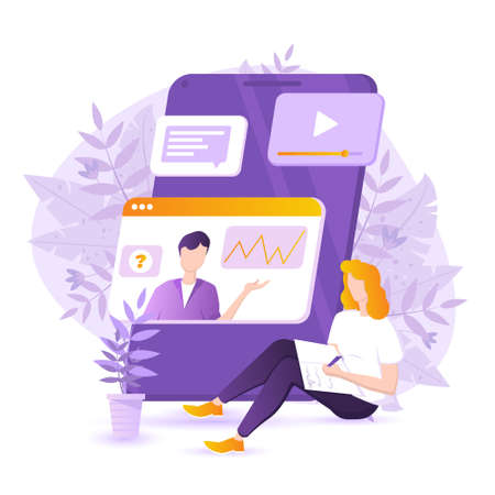 Modern flat illustration of online studying concept. Woman is taking online courses via smartphone. Big touchscreen with learning elements - video, charts, text. Woman is taking notes. Stay at homeのイラスト素材