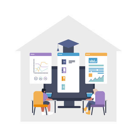 Remote job concept flat illustration - Global outsource, team work. People are working at project with shared files - charts, data, files - online cloud file sharing project. Principle of remote workのイラスト素材