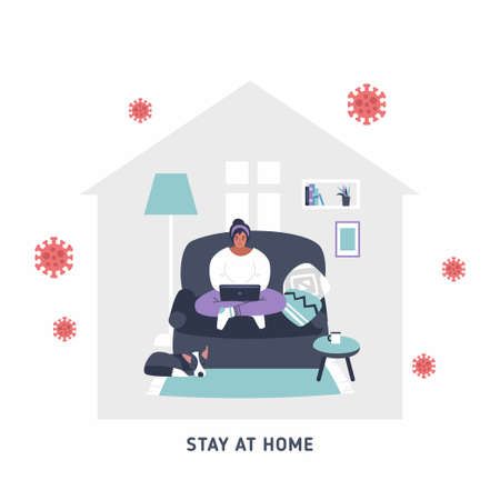 Work from home - Remote work online icon, sign - Coronavirus quarantine preventive measures for social distancing - person working on laptop at home icon isolated on white backgroundのイラスト素材
