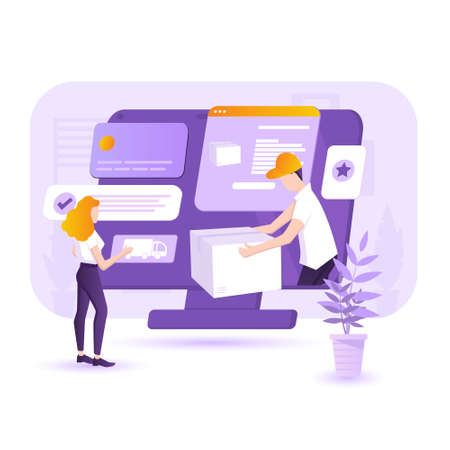 Shopping goods delivery service concept illustration. Woman is shopping online with delivery service. Delivery man in a cup is holding package in arms. Modern flat style vector illustrationのイラスト素材