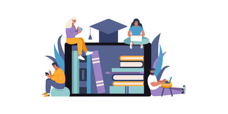 E-learning education concept flat vector illustration. People accessing knowledge and online library. Online education and books access. Stay at home - learn new things with online servicesのイラスト素材