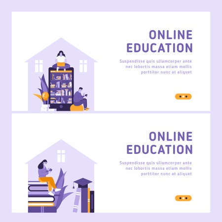 Online education concept set of 2 flat vector landing pages. Big smartphone as a bookshelve, big books, woman uses laptop, man is using smartphone. People reading and educating with gadgetsのイラスト素材
