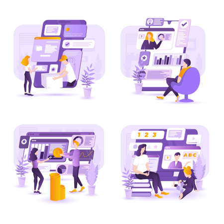Set of modern flat illustrations for online services concept. Online shopping e-commerce with mobile application, e-learning with online services, financial data and analysis and online reportsのイラスト素材
