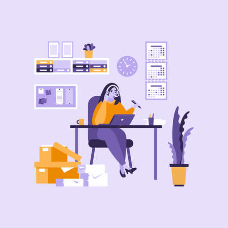 Professional operator of customer support service working on computer. Young operator of technical support at work. Concept of technical support. Vector flat design illustration. Square layout.のイラスト素材