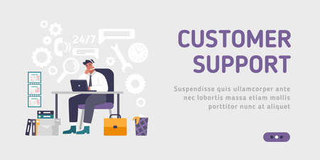 Landing page template customer and operator, online technical support 24-7 for web page. Vector illustration male hotline operator advises client. Online assistant, virtual help service for business.のイラスト素材