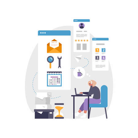 Modern mobile app for business and work. Vector illustration of woman sitting at desk with laptopのイラスト素材