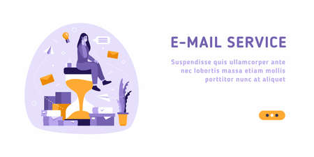 Email service concept illustration - woman is working at letters and successful marketing campaign. Vector illustration for website sliderのイラスト素材