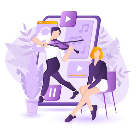 Mobile entertainment. Vector illustration of music application and dancing people. Online radio, audio playlist conceptのイラスト素材