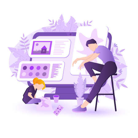 Painting learning courses vector illustration. Online service for painting courses with man and little girl painting.のイラスト素材