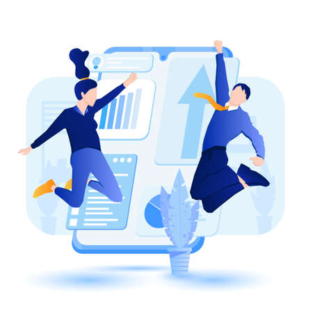 Business mobile application for successful business growth. Business people are happy to use smartphone with business mobile appのイラスト素材