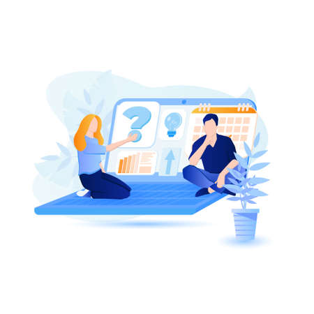 Flat web business concept vector illustration for mobile report analysis tool app. Business man and woman studying pie graphic, data and charts on tablet screen. Creative people collection.のイラスト素材